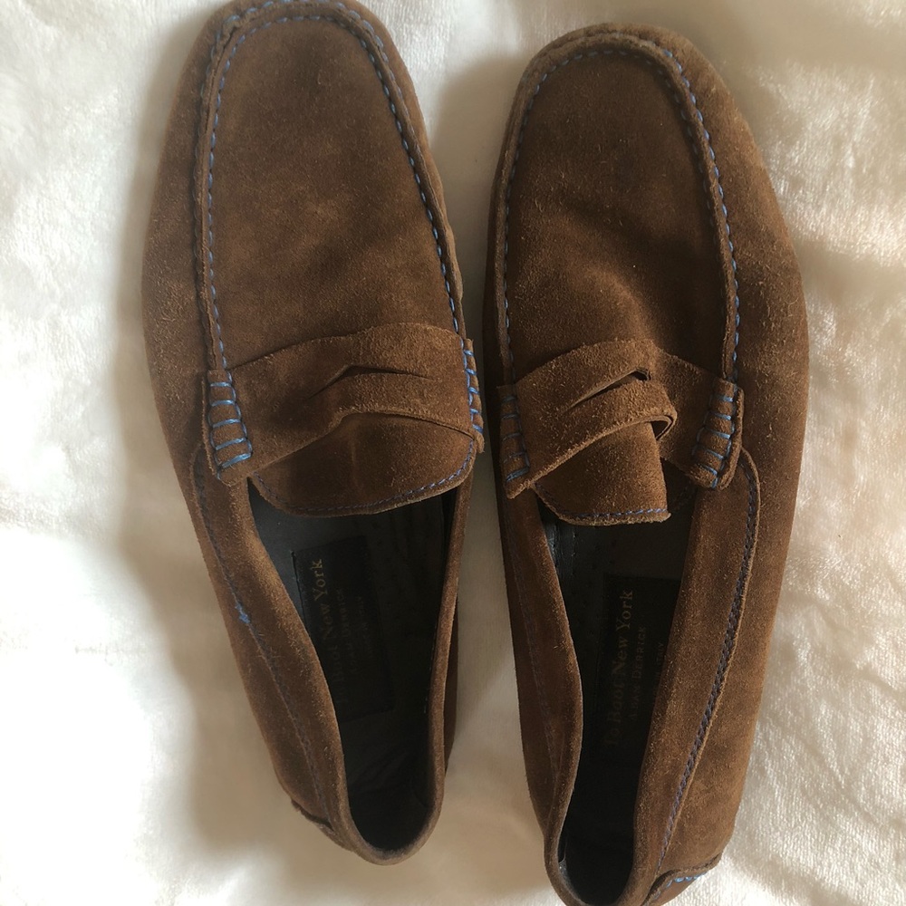 To Boot New York Brown Suede Penny Loafers with Blue Stitching